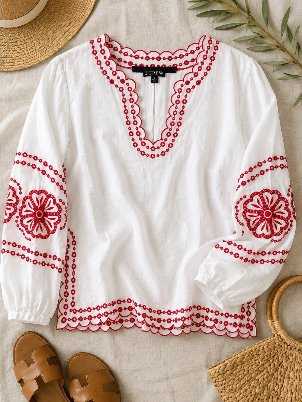J.Crew Bungalow Embroidered Linen Top Small White Red Floral Scallop BR741